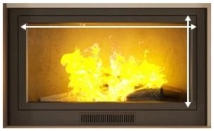 Vitre vitrocéramique 4 mm avec cotes de mesure devant une flamme de cheminée